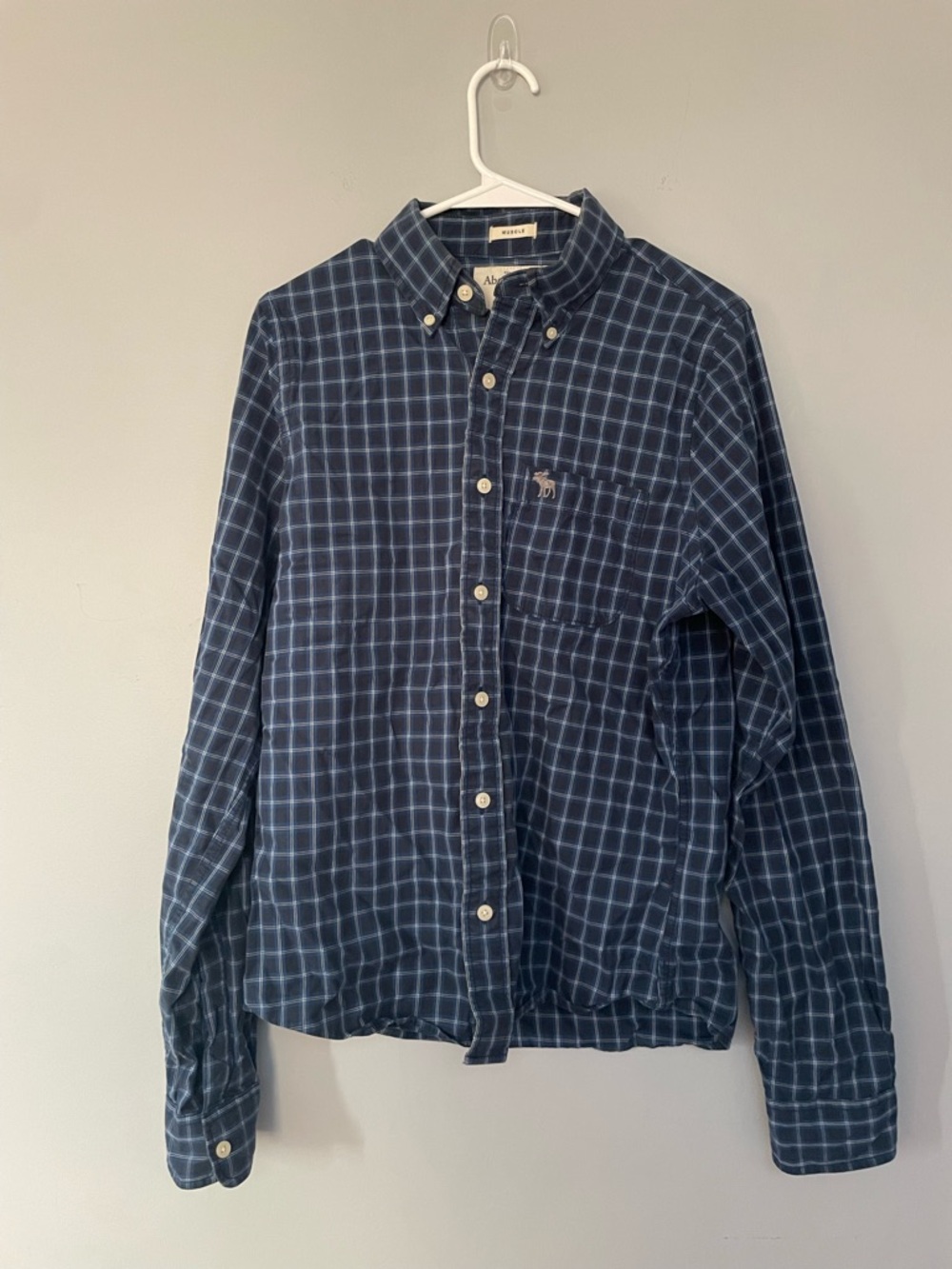 Abercrombie & Fitch Men's Navy Windowpane Muscle Button-Down Shirt